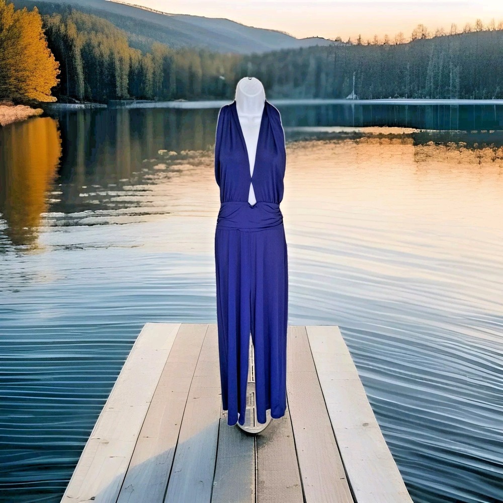 Almost Famous Jumpsuit XL Blue Halter Top Wide Leg Polyester Spandex Stretch NWT